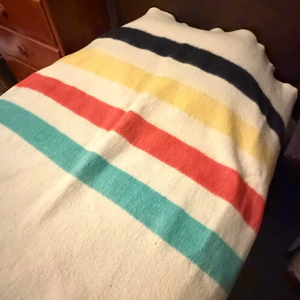 Vintage 60s JC Penny Polar Star Golden Dawn 100% Wool Striped Blanket Full Throw